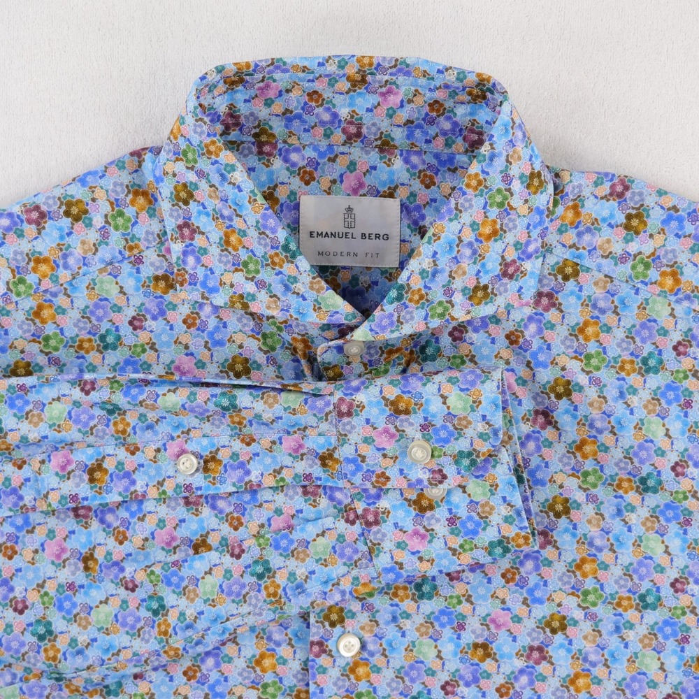 Emanuel Berg Button Down Shirt Mens M 15.5 Blue Floral Modern Fit Long Sleeve - Picture 1 of 12